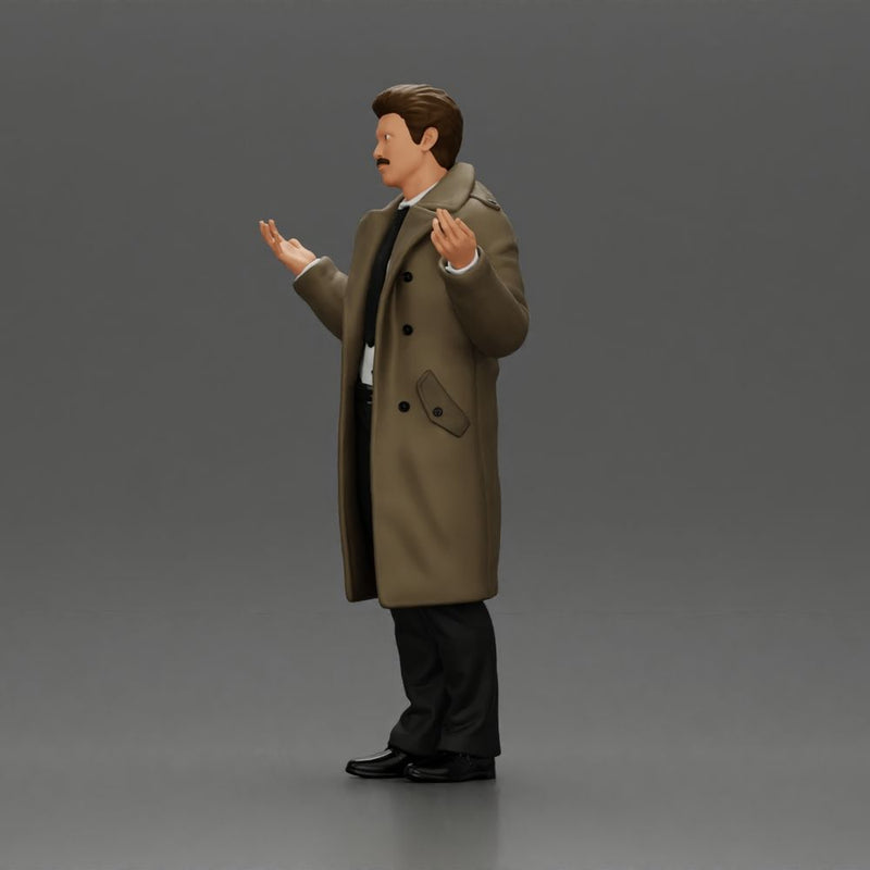 police detective in a coat standing with hands wide open