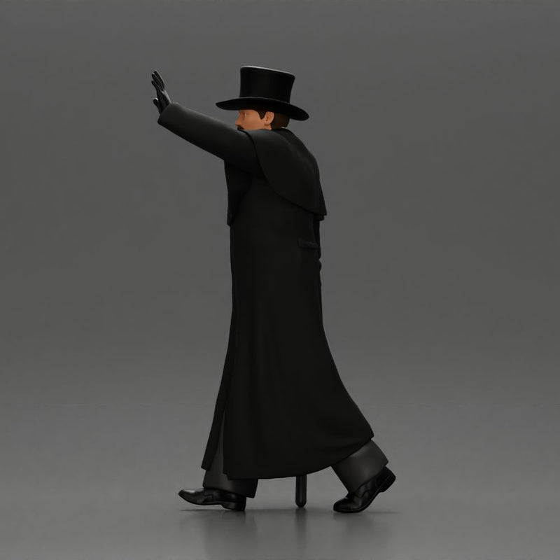 man in long coat, resembling a mafia boss walking