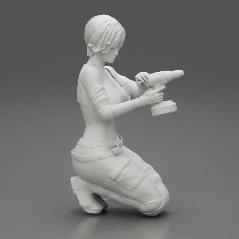 Repair woman sitting and holding a drill - Only-Games