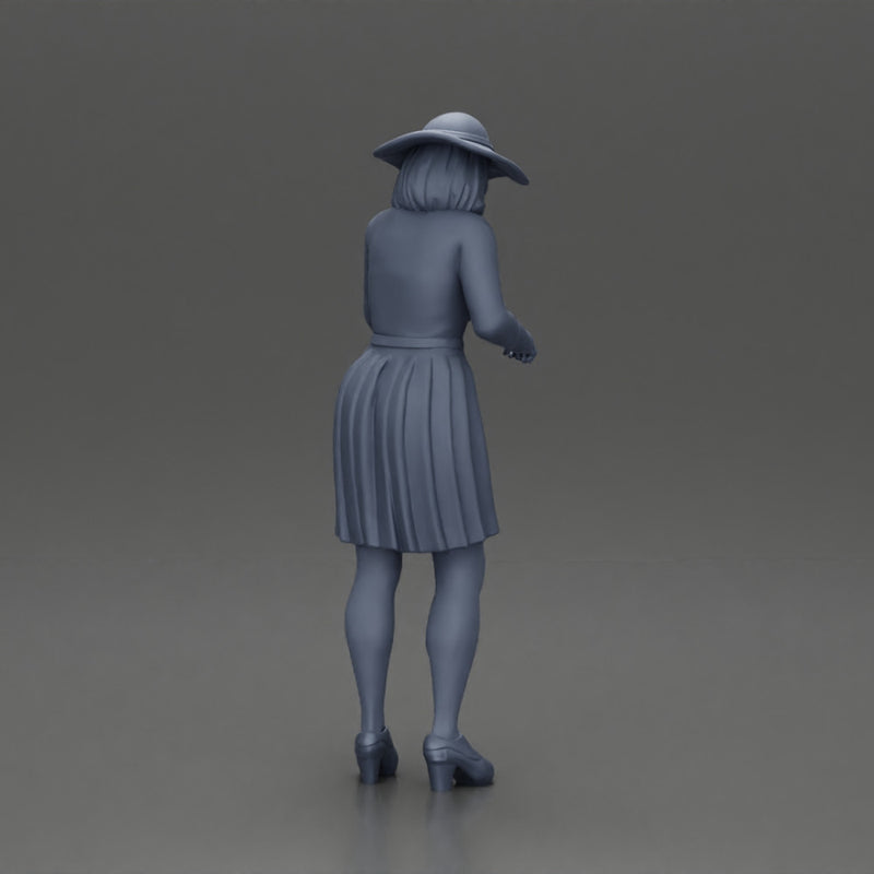 fashionable woman in hat and skirt is reaching for something