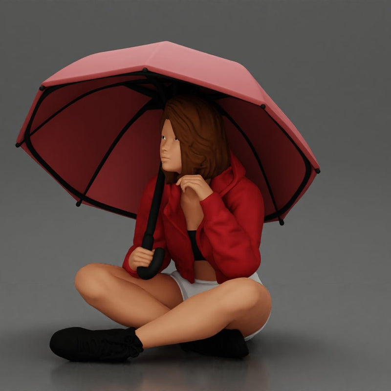 Pretty Girl with an Umbrella in Jacket and Shorts Sitting