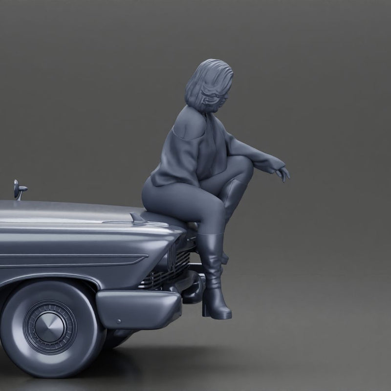 lowrider girl sitting on a car, wearing boots and a stylish shirt