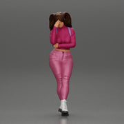 Tearful girl standing in jeans and mini shirt expressing deep sorrow with pigtails - Only-Games