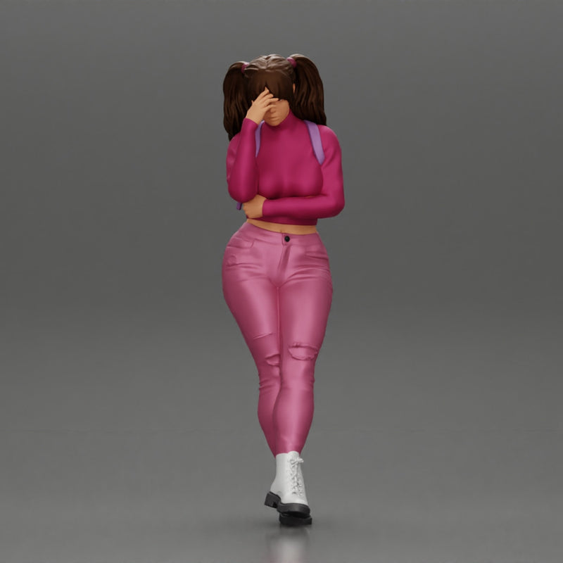 Tearful girl standing in jeans and mini shirt expressing deep sorrow with pigtails - Only-Games