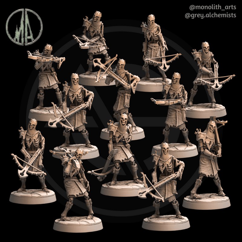 Army of Skeleton Crossbowmen - Set of 12 Poses - Fantasy Resin Miniatures in 32mm - DnD Monsters