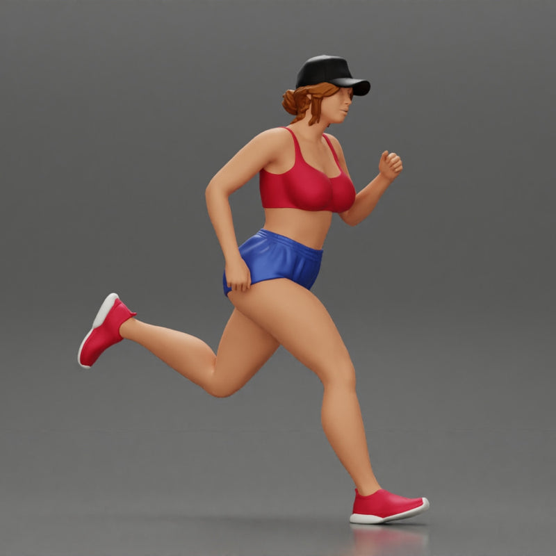 young woman running in shorts and cap