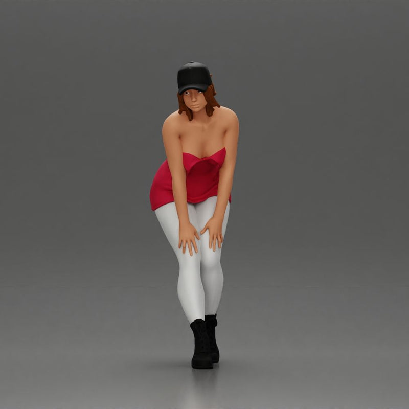 beautiful woman placing her hand on her legs, wearing a cap and a bra top - Only-Games