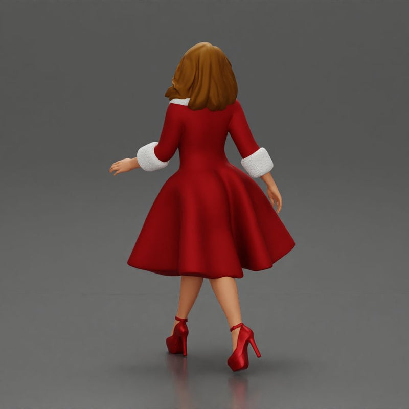 Festive Elegance Woman in Red Dress with Fur Trim