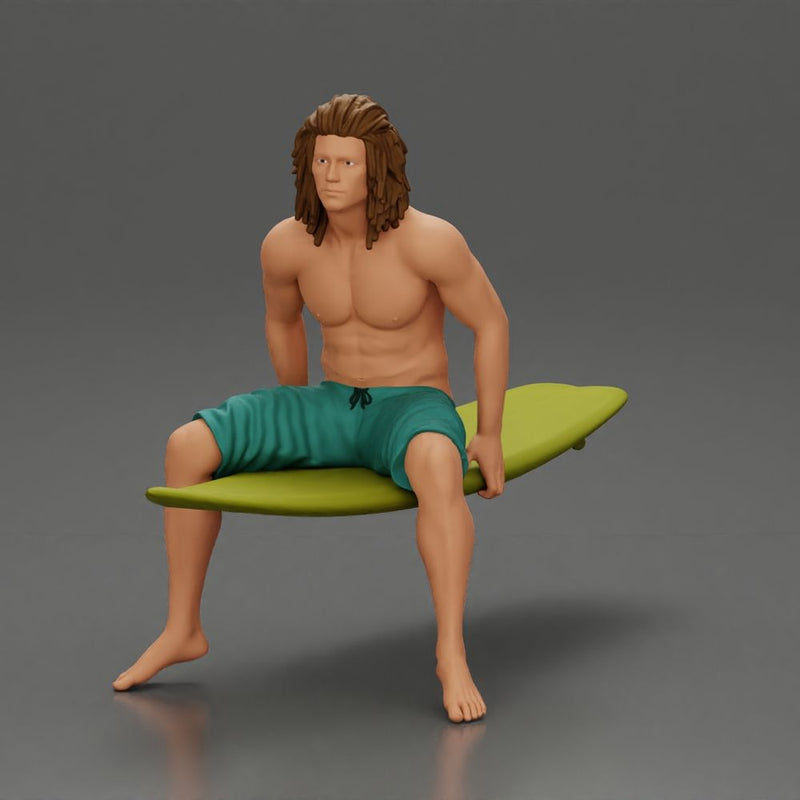 Long-Haired Surfer Sitting on a Surfboard in Calm Ocean Waters, Waiting for the Waves