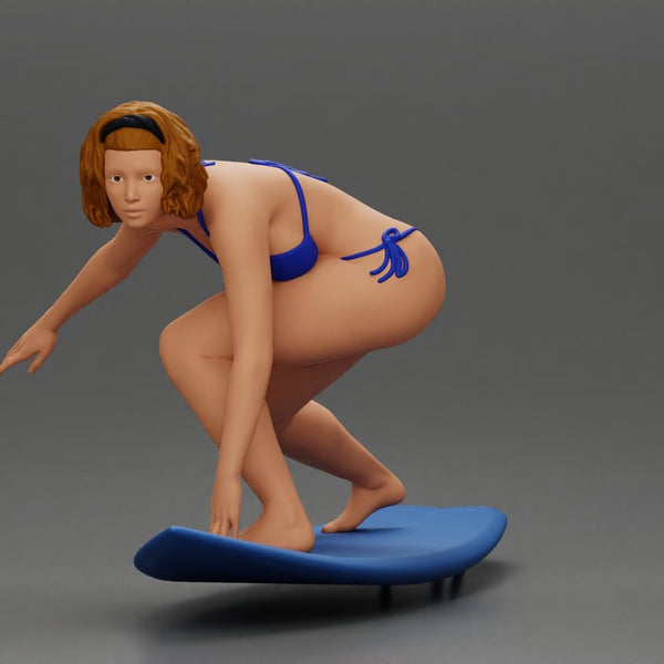 Confident surfer woman in a bikini, riding a wave on her surfboard