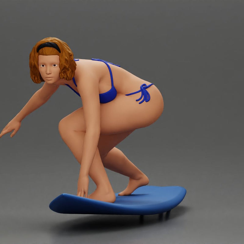 Confident surfer woman in a bikini, riding a wave on her surfboard