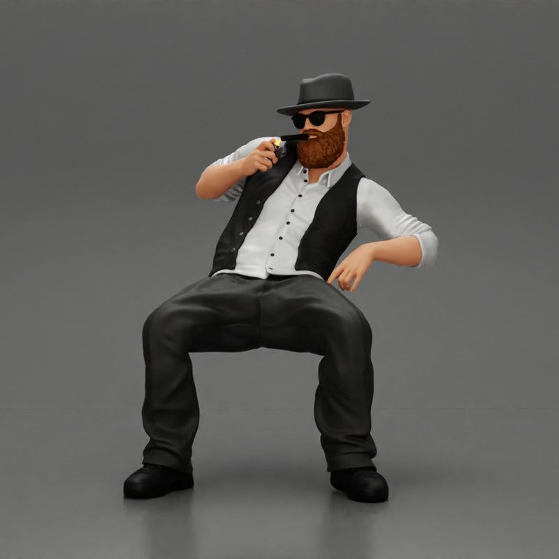 gagnster homie in beard and hat sitting holding lighter cigar while smoking - Only-Games