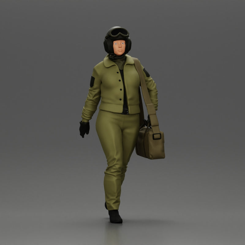 Pilot Woman Walking with Military Helmet and Emergency Shoulder Bag