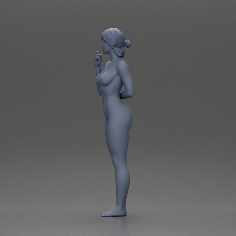 Naked woman standing hand resting on her back speaking into a radio