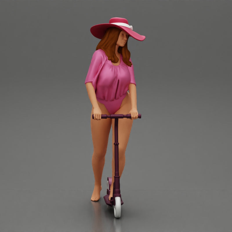 Sexy Woman Riding Electric Scooter on the beach Wearing onepice and hat - Only-Games
