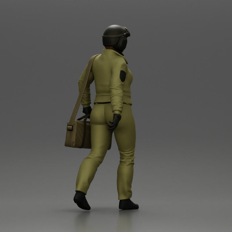 Pilot Woman Walking with Military Helmet and Emergency Shoulder Bag