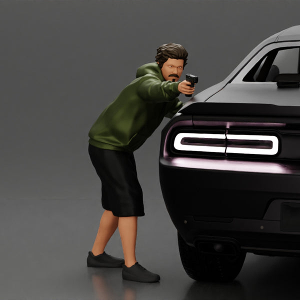 gangster man in a hoodie and shorts shooting a gun behind the car