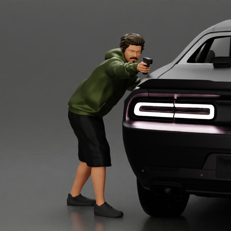 gangster man in a hoodie and shorts shooting a gun behind the car