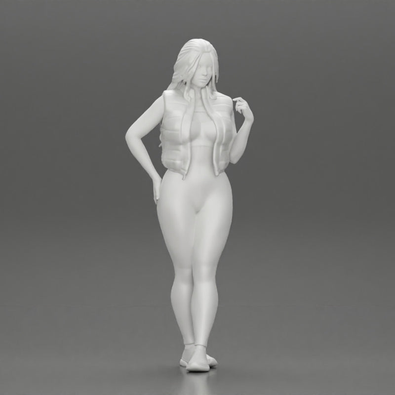 Beautiful woman with long hair in a bodysuit with an open vest - Only-Games