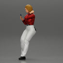 beautiful woman in a leather jacket sitting using a phone - Only-Games