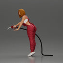 Mechanic Woman Holding Fuel Pump, Ready in Red Overalls - Only-Games