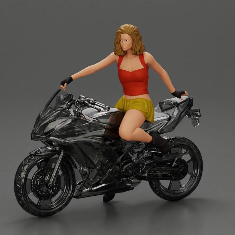 Sexy girl with short hair rides a motorbike in mini skirt