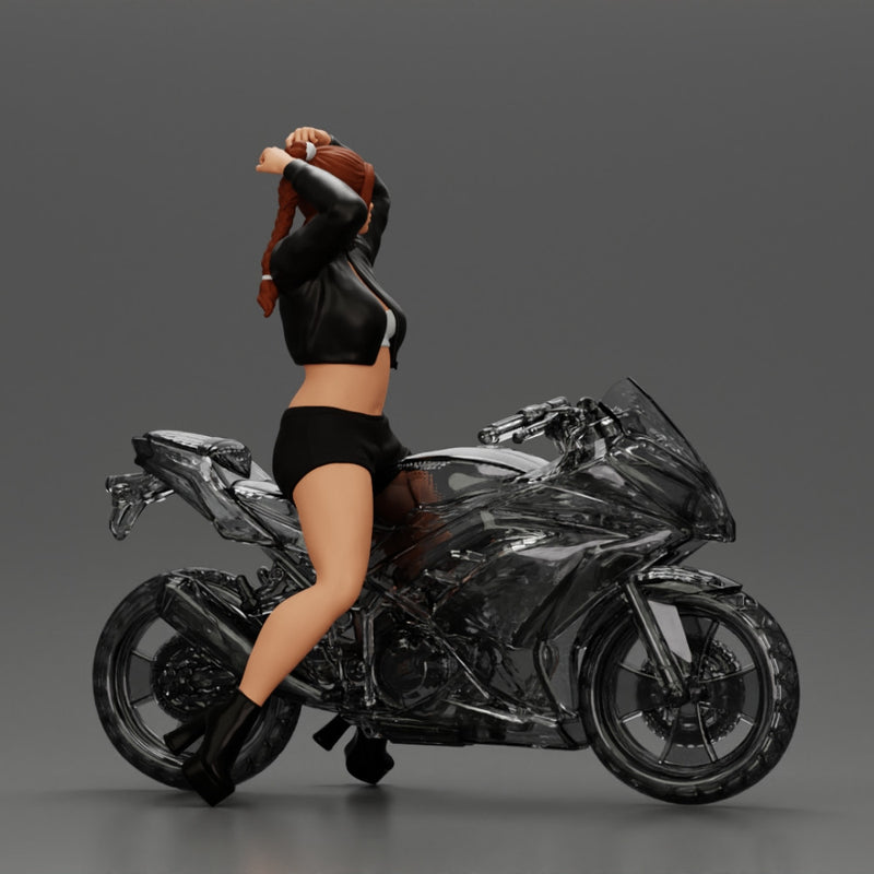 attractive girl on the motorbike stopping and putting hands on hair