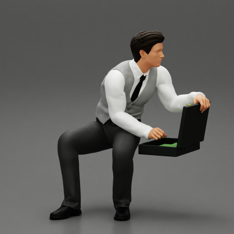 young businessman sitting and holding briefcase of money - Only-Games