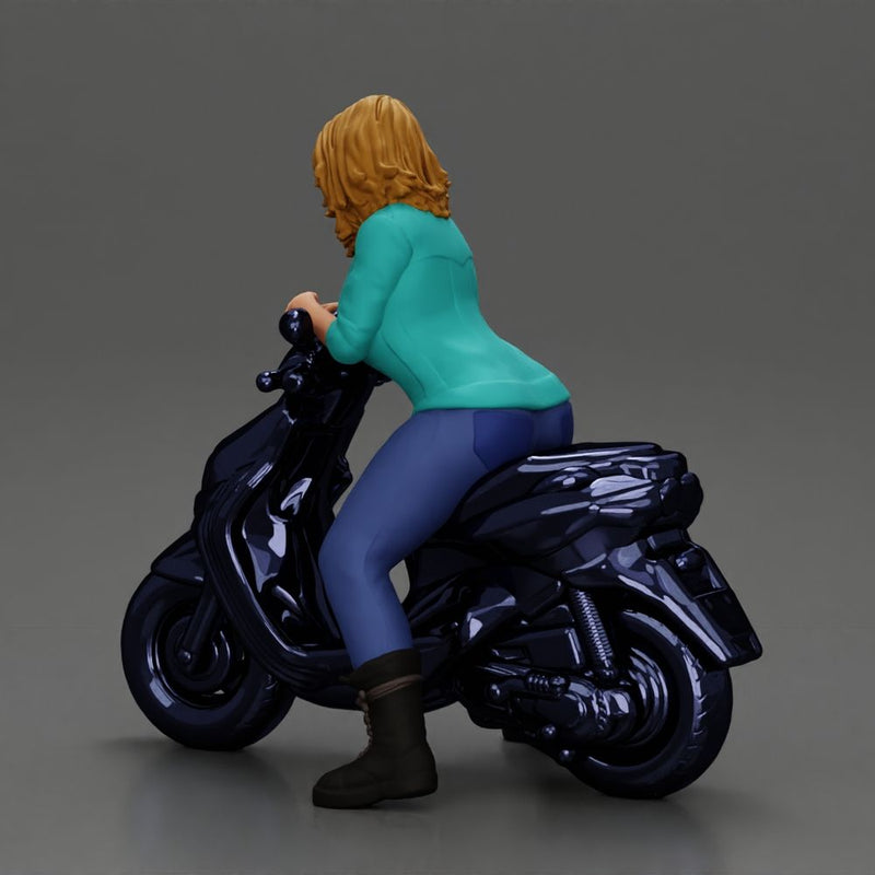 Girl sitting on a scooter, wearing an open jacket