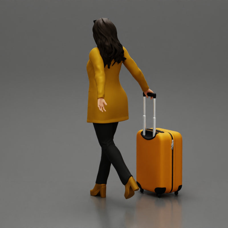 Business woman in manteau dragging suitcase  walking in airport terminal - Only-Games
