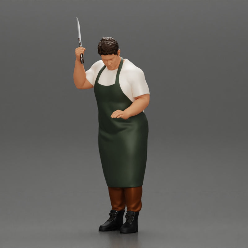 butcher standing while holding a cleaver and cutting something