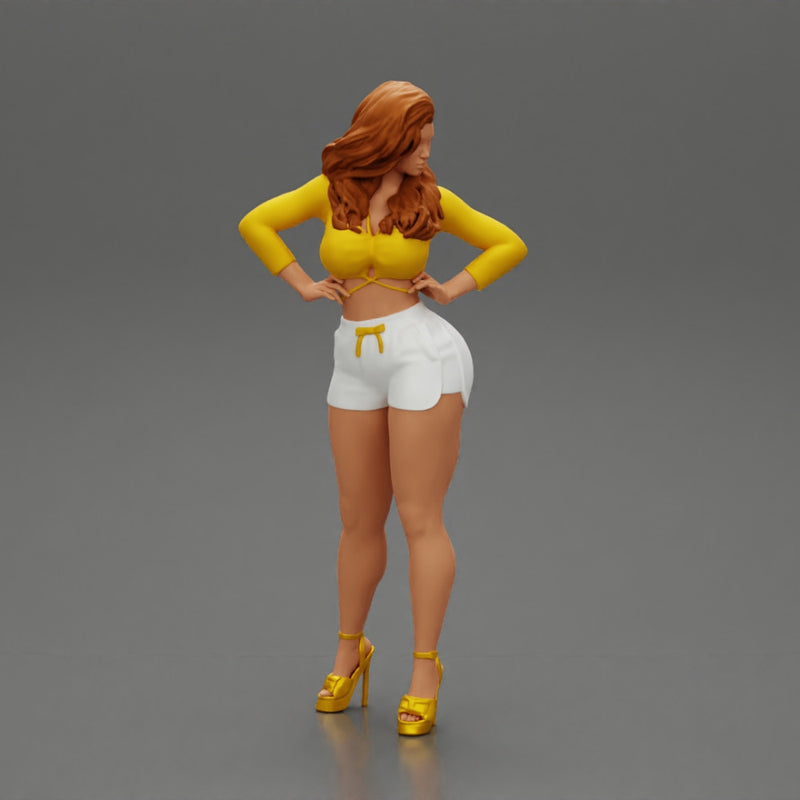 Sexy girl in short and heels with long hair posing - Only-Games