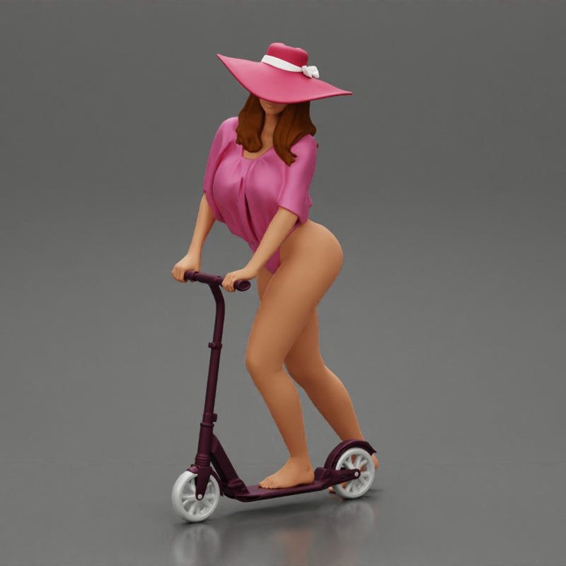 Sexy Woman Riding Electric Scooter on the beach Wearing onepice and hat - Only-Games