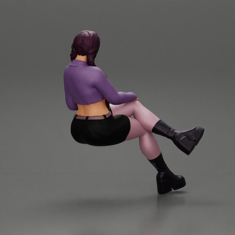 Sexy girl sitting with crossed legs  n boots and mini skirt  with long pigtails - Only-Games