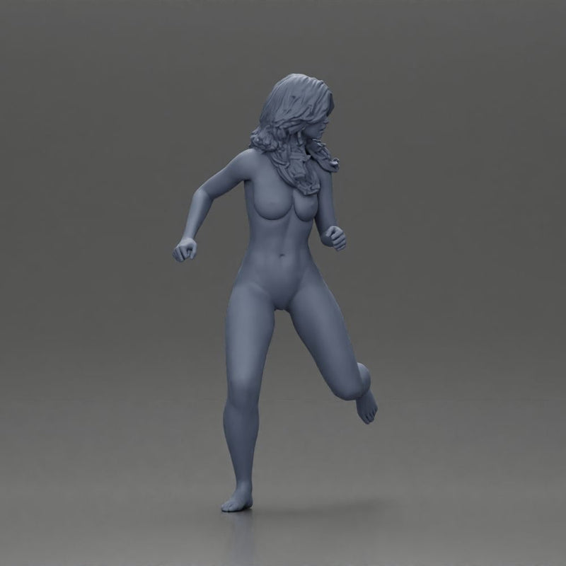 Naked Afraid woman running with a determined expression