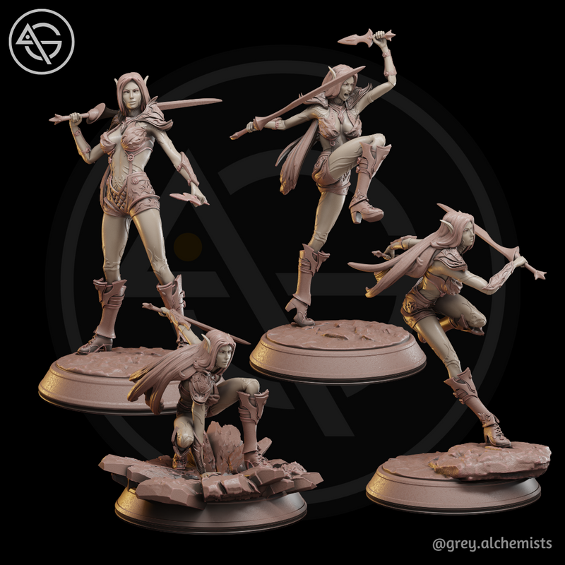 Rina the Drow Demon Hunter - Set of 4 Fighting Poses -  Fantasy Resin Miniatures in 32mm - DnD