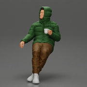 Man Sitting Wearing a Puffer Jacket, Holding a Coffee Cup - Only-Games