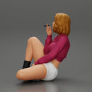 Sexy girl in mini jacket sitting leaning against wall smoking cigarette - Only-Games