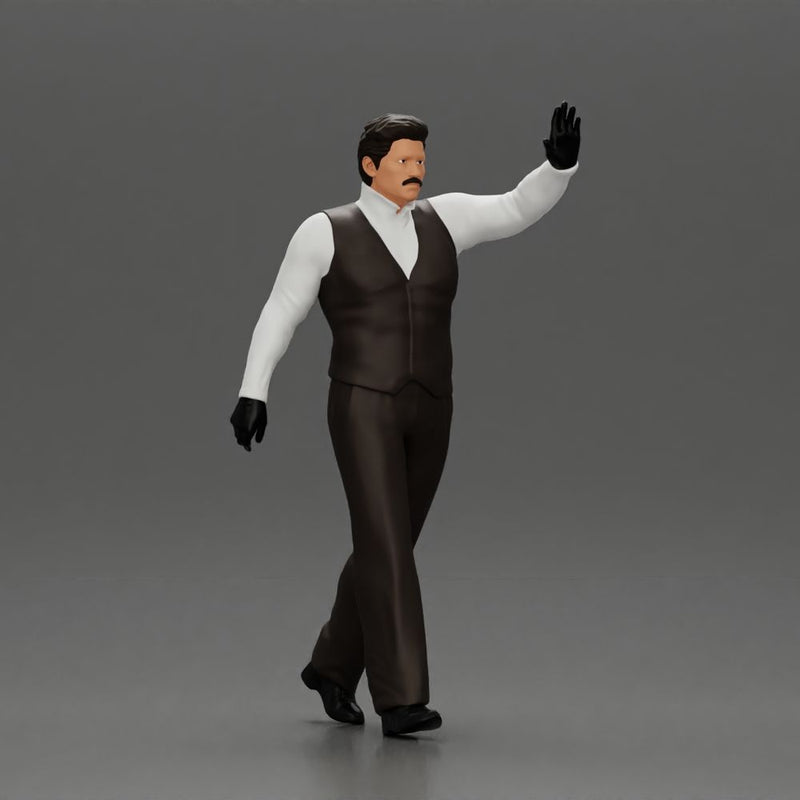 man in suit raising hand up walking