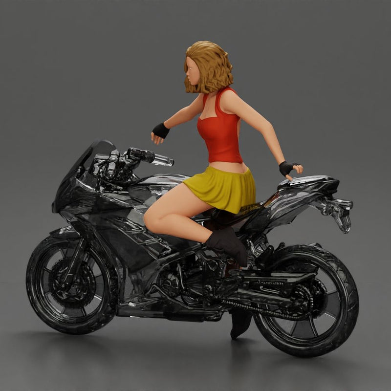 Sexy girl with short hair rides a motorbike in mini skirt