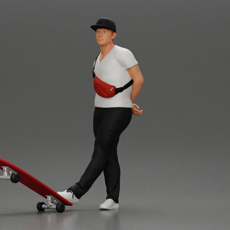 skater man leaning against the wall wearing a cap and banana bag