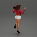 happy girl in a mini jacket and shorts, jumping on one leg - Only-Games