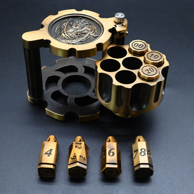 Hexchamber | Ancient Gold | Bullet Dice Set with Spinning Revolver Case - Only-Games