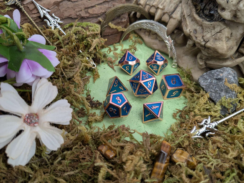 Blue and Rose Gold Metal Dice Set