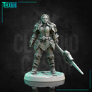 (0300) Female human elf tiefling half-orc firbolg warrior fighter woman with spear and a complete armor - Only-Games