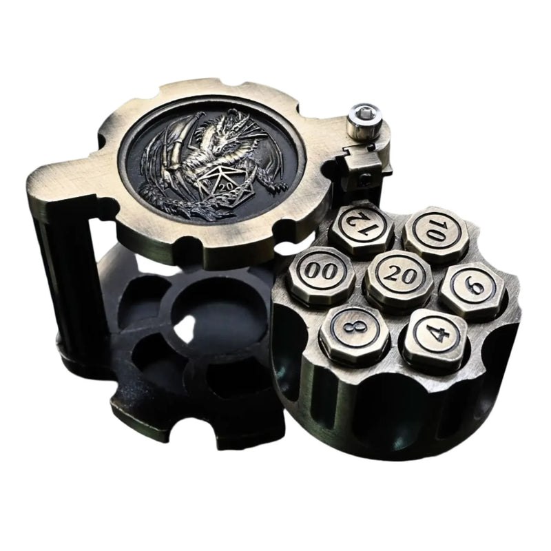 Hexchamber | Ancient Brass | Bullet Dice Set with Spinning Revolver Case - Only-Games