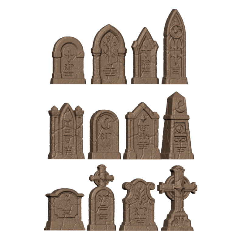 Halloween Graveyard Headstones 12 Pack Gothic Basing Bits for 32mm Tabletop Miniatures