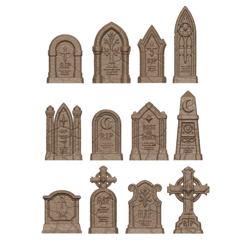Halloween Graveyard Headstones 12 Pack Gothic Basing Bits for 32mm Tabletop Miniatures