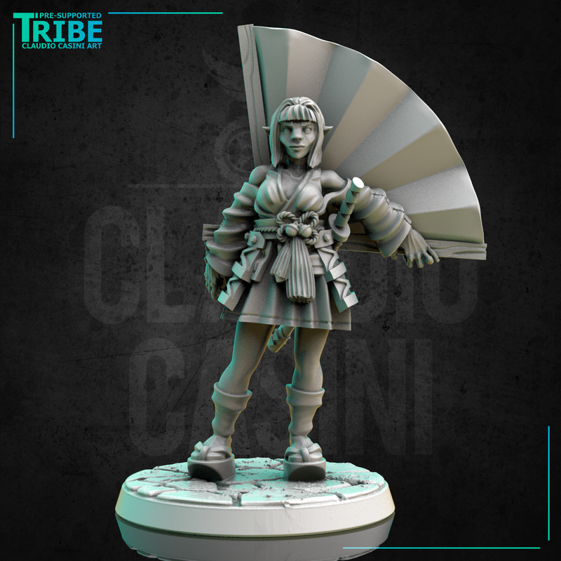 (0281) Female human tiefling half-orc elf firbolg warrior samurai with a big fan and a katana - Only-Games