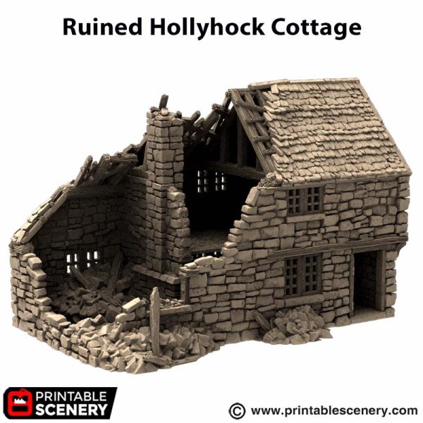 Ruined Hollyhock Cottage - King and Country - Printable Scenery Terrain Wargaming D&D DnD 10mm 15mm 20mm 25mm 28mm 32mm 40mm 54mm Painted options - Only-Games
